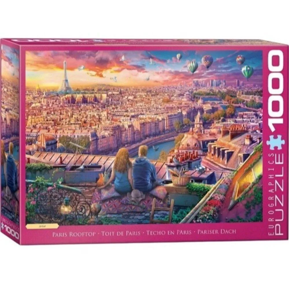 Eurographics Paris Rooftop 1000 Piece Puzzle Eiffel Tower Hot Air Balloons New